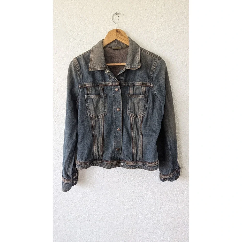 Caslon Womens Blue Faded Denim Trucker Jacket Contrast Piping‎ Size M
